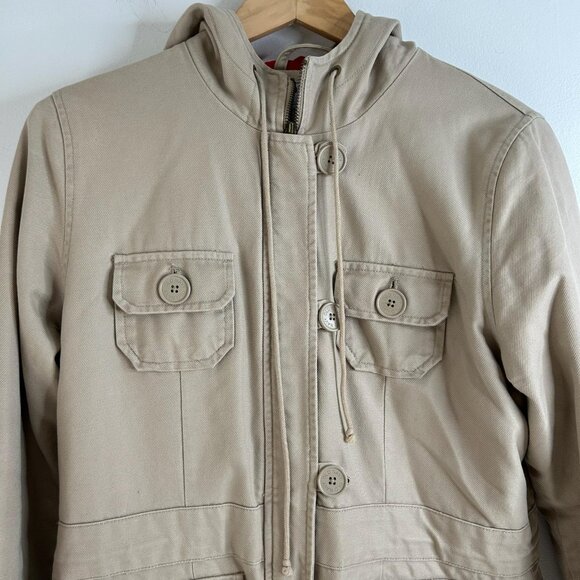 Old Navy Hooded Utility Jacket Womens L Khaki Cargo Quilted Thermal Lined Canvas - Picture 2 of 10